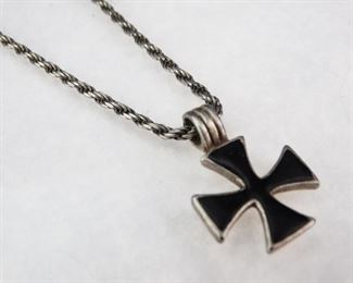 925 Sterling Silver Braided Necklace Chain with Steel Iron Cross Pendant