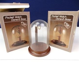 Pocket Watch Glass Dome Wooden Base Set