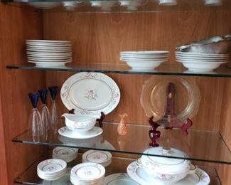 Two sets of china (Rosenthal Amanda) and lots of crystal (not shown) and glassware inside a beautiful MCM glass front cabinet.