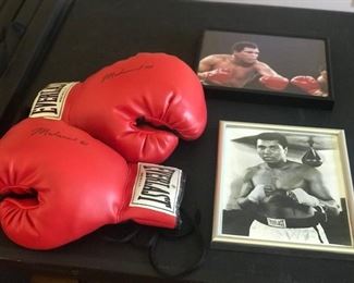 Muhammad Ali Signed Gloves with Pictures of the Star Framed