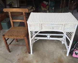 White Wicker Desk with Chair and Mirror - and German Wedding Chair.