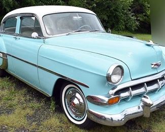 8PM | AUTOMOBILE: 1954 Chevrolet Bel Air Sedan, Robin’s Egg Blue Exterior with White Top; Blue & White Interior; 6-Cylinder, 3-Speed; AM Radio; Odometer: 88,500. VIN: C54A064250.
Vehicle Terms:  - Vehicles are sold AS IS, in AS FOUND/ESTATE condition.  - Minimum of 10% deposit due on day of auction (Cash, Check, VISA, MC, or Debit).  - Balance paid in full by Thursday following (Cash or Certified Bank Check ONLY). | More photos on BriggsAuction.com