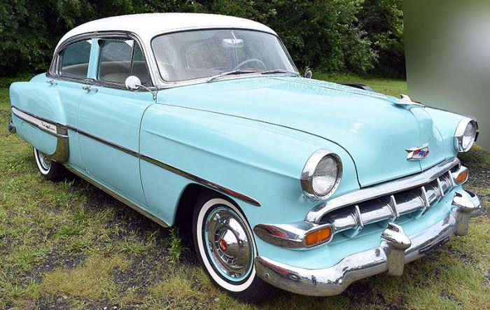 8PM | AUTOMOBILE: 1954 Chevrolet Bel Air Sedan, Robin’s Egg Blue Exterior with White Top; Blue & White Interior; 6-Cylinder, 3-Speed; AM Radio; Odometer: 88,500. VIN: C54A064250.
Vehicle Terms:  - Vehicles are sold AS IS, in AS FOUND/ESTATE condition.  - Minimum of 10% deposit due on day of auction (Cash, Check, VISA, MC, or Debit).  - Balance paid in full by Thursday following (Cash or Certified Bank Check ONLY). | More photos on BriggsAuction.com