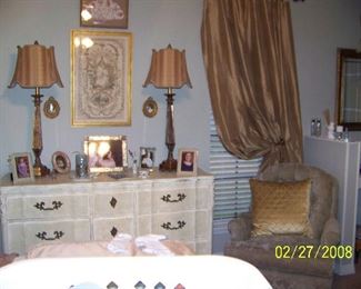 Bronze drapes, gold & mirrored lamps, Vintage swivel chairs