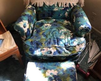 Flowered blue chair with outtoman