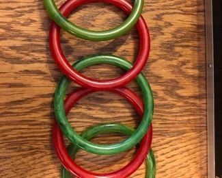 Vintage bakelite bangle bracelets - red and green