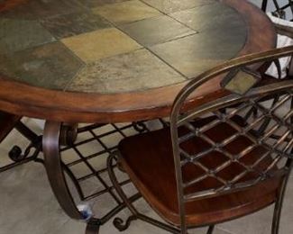 Iron, Slate, and Oak Table with 4 Chairs and Bakers Rack (next picture)