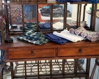 Iron, Slate, and Oak Bakers rack with Table and Chairs set.