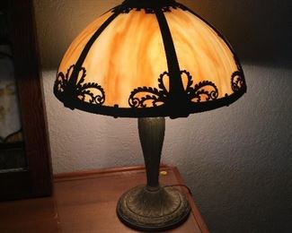 6 panel Art Nouveau caramel slag glass lamp $$700