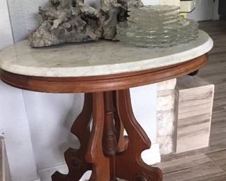 Antique soapstone (old jade) quails on manzineedle wood. $3000 Eastlake table with marble top, some stain on top $200