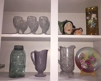 Hand painted plate $10, Enameled pontil, amber vase $150, 19th century purple cut glass pitcher $75 (SOLD), Toby mugs (Royal Doulton small $12 & large England $18), Large Atlas mason jar $18(SOLD), Victorian Lilac pitcher $55, ABCG wine glasses $100 all