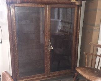 1860 antique, quarter-sawn/tiger oak bookshelf with key and carved claw feet and wooden shelves. $2000