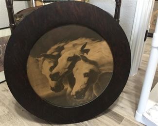 Large Pharaoh’s Horses print in large circular, oak frame print is 17.25” and diameter of frame is 25”. All original $190