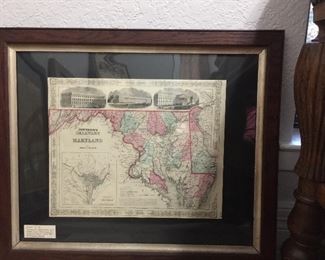 “Johnson’s” Delaware & Maryland map published by Johnson and Ward, Ca 1861 in period frame with great color $300