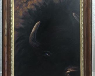 Heinie Hartwig © framed painting of a bison on oil on board $2200