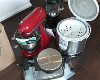 Kitchen Aid standing mixer, blender, rice cooker, Waring Pro waffle maker