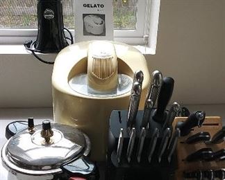 Lello gelato maker, Kitchen Aid coffee grinder, Sabatier and Henkel knives, pressure cooker