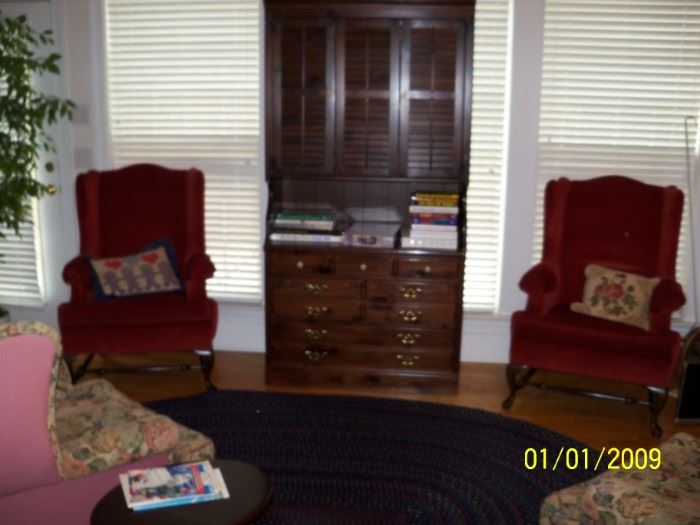 Ethan Allen Bookcase/Chest abd Pair Burgundy Wing Back Chairs