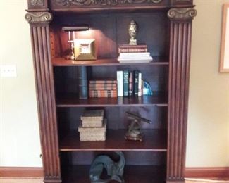 Gorgeous Walnut Bookcase! Brass details! 20" depth allows for display of larger pieces. Back and Sides are finished in Raised Panels.  48" w x 79" h x 20" deep