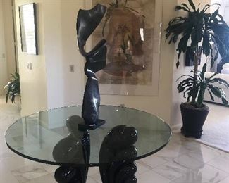 Large abstract sculpture, signed by Japanese artist  and great hand painted Asian art in lucite frame. Glass table in Foyer available for sale!