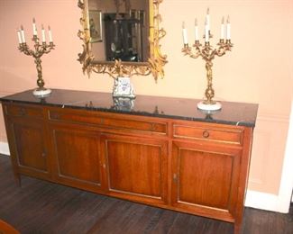 Credenza with Gold Leaf Mirror and Pair of Candelabras