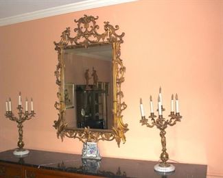 Gold Leaf Mirror and Pair of Candelabras