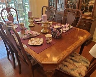 Inlaid Dining Table  with 6 chairs, 2 leaves, pads.  64"L x 42"W x 29.5"H with two 20" leaves