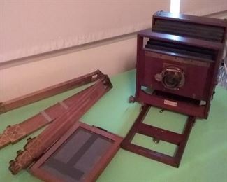 31 Antique Wooden Bellows Camera, Tripod and Kodak Printing Frame