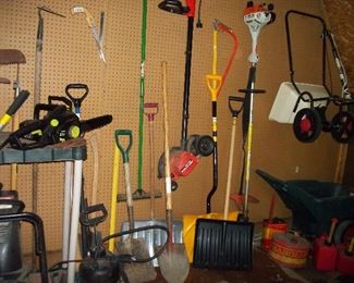 Lawn Tools, Lawn Spreader, Poulan Chainsaw (SOLD), Stihl Weed Wacker FS 55R(SOLD), Plastic Dump Cart (SOLD), Black & Decker Edger