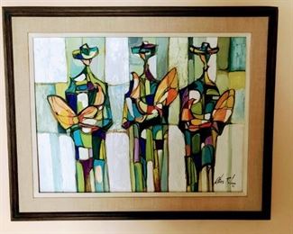 Oliva Robain, Cuban, 20th Century, "Three Cock Fighters" 1970, Oil on canvas, 17"x21"