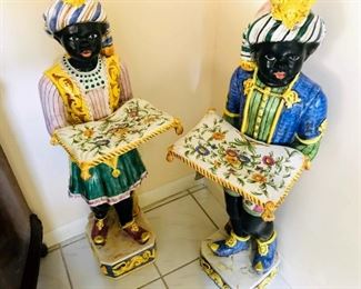 Pair of Italian Majolica "Blackamoor" Figures Standing Holding Pillows, 20th Century, 43x11"