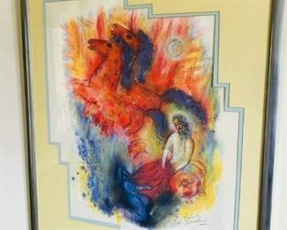 Unattributed, 20th Century, Untitled, Lithograph in colors, Depicts two horses and figures, Edition No. 151/250, 29x22