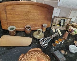 Antique wood meal scoop and modern pottery