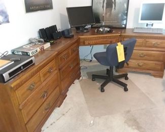 Three low chests of drawers and corner desk unit. This wood matches the dresser and mirror available at the sale!