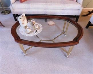 Brass base wood frame glass insert coffee table 44"W x 30"D x 15.5"H