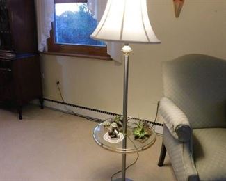 Brushed nickel & brass frame glass table with built in floor lamp & shade
