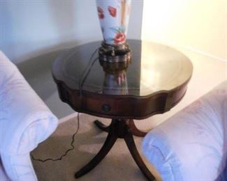 Solid mahogany table with leather inlay & custom glass top