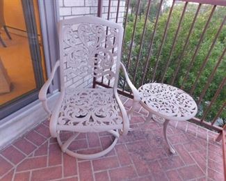 5 pc taupe painted outdoor cast iron patio set (1) Rocker chair (2) arm chairs (2) 21" diameter tables