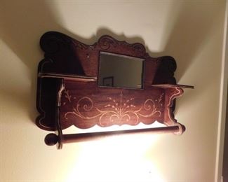 Ornate Wall mount wooden mirror wall shelf with bar approx 23.25 w x 14 tall