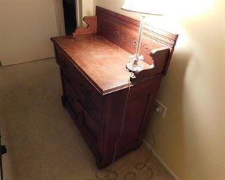 Antique 3 drawer 1 door solid wood dresser with back splash 31"W x 15.75"D x  35.25"H