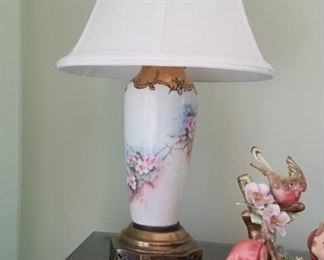 Vintage painted ceramic & brass lamp with shade