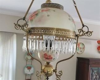 Victorian style reproduction hand painted poppy design glass hanging light