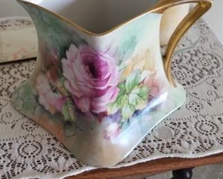 Limoge France Hand Painted gold gilded handle floral pitcher
