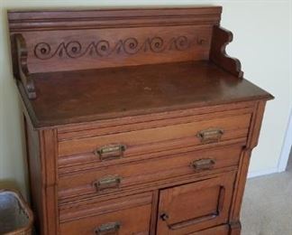 Antique 3 drawer 1 door solid wood dresser with back splash 31"W x 15.75"D x  35.25"H