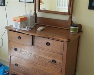 Antique burled solid wood 4 drawer dress with attached mirror   Dresser: 36"W x 19.5"D x 35"H    Mirror: 34" x 30-5/8"