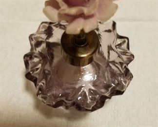 Antique IRice amethyst glass perfume bottle with glass covered rose atomizer (no bulb)