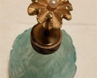Vintage aqua glass brass scalloped top with pearl atomizer (no bulb)