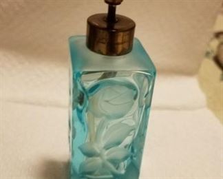 Vintage aqua glass perfume bottle with brass Crystal atomizer (no bulb)