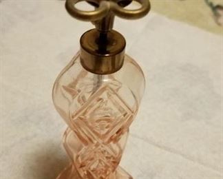Vintage pink glass perfume bottle with crystal & brass atomizer (no bulb)