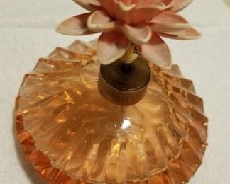 Vintage Pink/amber glass perfume bottle with flower top